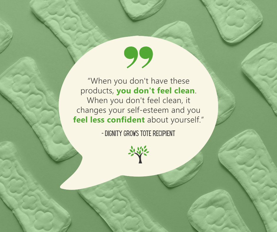 A quote from a Dignity Grows tote recipient demonstrates the importance of this nonprofit organization's msission